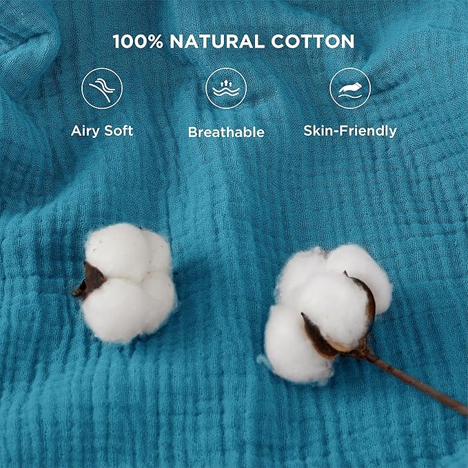 Bedsure 100% Cotton Muslin Throw Blanket Large 50x70 Inches - 4-Layer Breathable and Lightweight Thin Soft Summer Gauze Muslin Blankets for Adults, Teal, Boho Cotton Throw for Couch