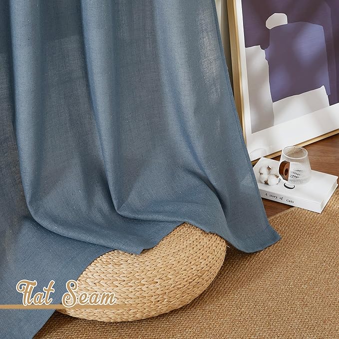 NICETOWN Linen Blend Stone Blue Curtains for Living Room, Grommet Flax Burlap Drapes Semi Sheer Privacy with Light Filtering Window Treatments for Bedroom, W52 x L84, 2 Panels