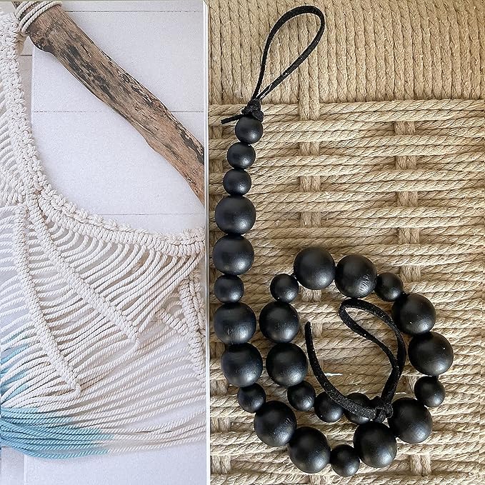 OCIOLI 2 Pieces Wood Bead Curtain Tieback Boho Curtain Tiebacks Curtain Holdbacks for Wall Curtain Ties Curtain Tie Backs with Hooks for Boho Decor Bedroom Decor Nursery Decor (Black Color, 2)