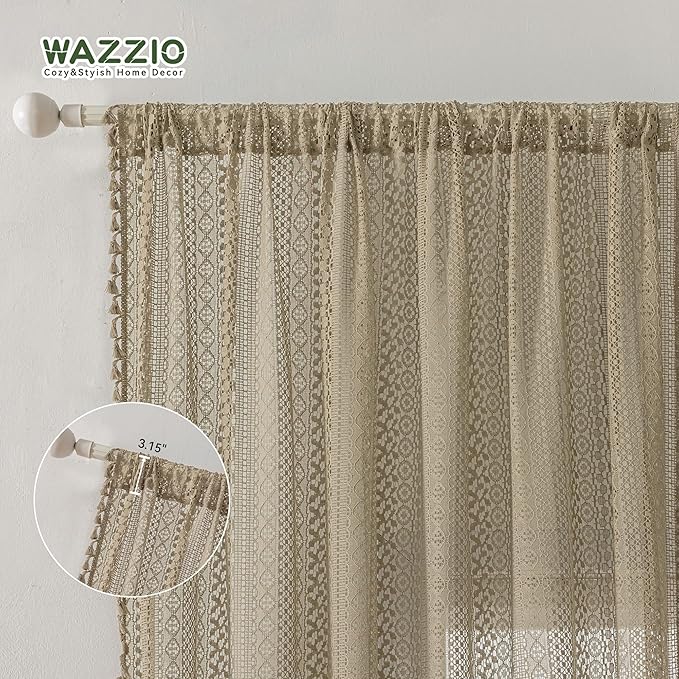 WAZZIO Boho Lace Curtains 84 Inches 2 Panel,Light Filtering Privacy Tassel & Geometry Crochet Semi Sheer Curtain Drapes for Bedroom Living Dining Room,Rod Pocket & Tassel,Earthy Color Taupe