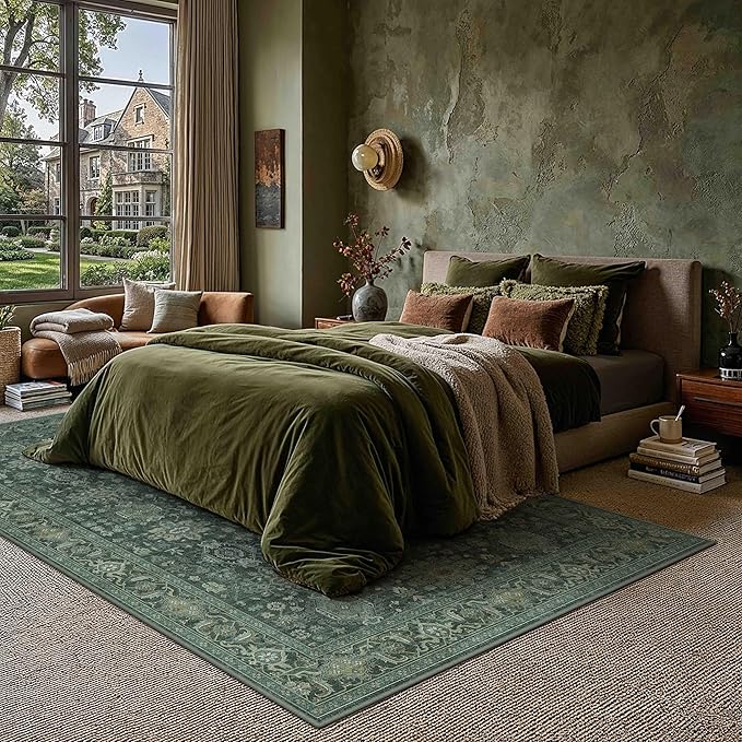8x10 Washable Area Rug for Living Room Bedroom Vintage Green Non Slip Carpet Traditional Retro Soft Low Pile Large Throw Rug for Dining Room Kitchen Office Indoor