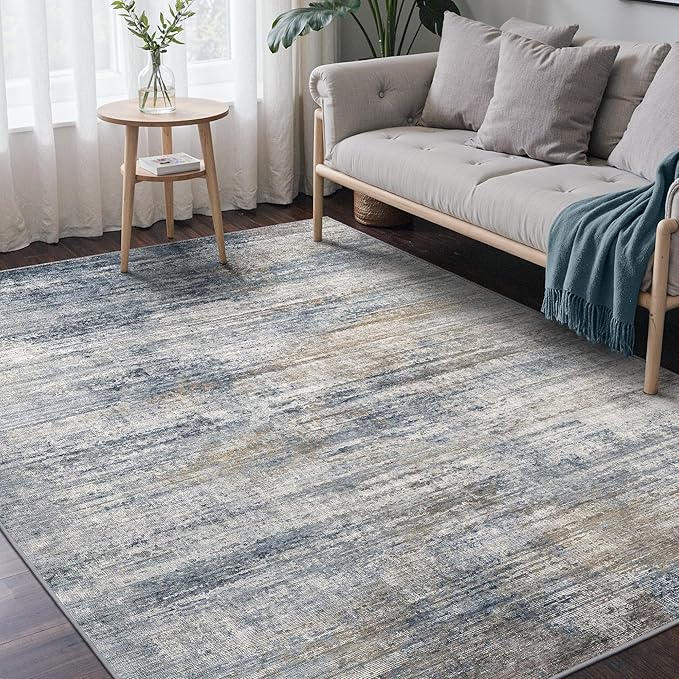 Area Rugs 8x10 for Living Room Bedroom, Modern Abstract Machine Washable Rug, Large Soft Low Pile Floor Carpet with Non Slip Backing for Dining Room, Denim Blue/Taupe