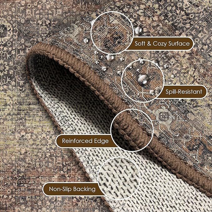 Washable Area Rug 4' x 6' Vintage Traditional Persian Mat - Foldable Distressed Non-Slip Machine Washable Carpet for Living Room Bedroom Kitchen Home Decor - Umber and Slate