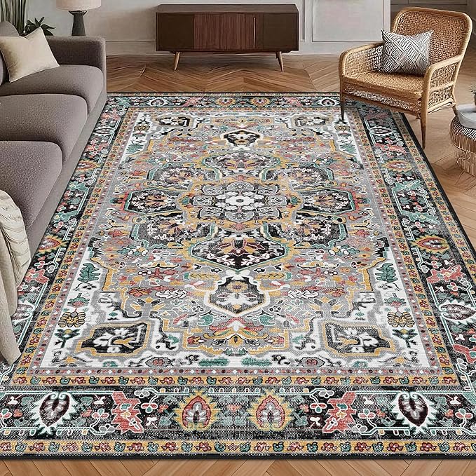 Washable Area Rug 4' x 6' Vintage Traditional Persian Mat - Foldable Distressed Non-Slip Machine Washable Carpet for Living Room Bedroom Kitchen Home Decor - Slate and Multicolor