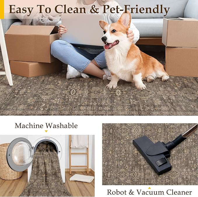2x8 Washable Runner Rug for Hallway Kitchen Vintage Brown Non Slip Low Pile Carpet Traditional Retro Soft Throw Rug for Bathroom Bedroom Entryway Indoor Entrance