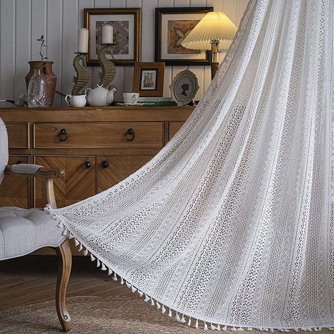 WAZZIO Boho Lace Curtains 63 Inches 2 Panel,Light Filtering Privacy Tassel & Geometry Crochet Semi Sheer Curtain Drapes for Bedroom Living Dining Room,Rod Pocket & Tassel,Victorian Decor,Off White