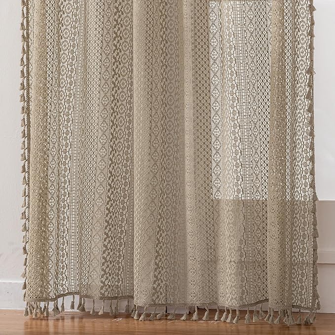 WAZZIO Boho Lace Curtains 84 Inches 2 Panel,Light Filtering Privacy Tassel & Geometry Crochet Semi Sheer Curtain Drapes for Bedroom Living Dining Room,Rod Pocket & Tassel,Earthy Color Taupe