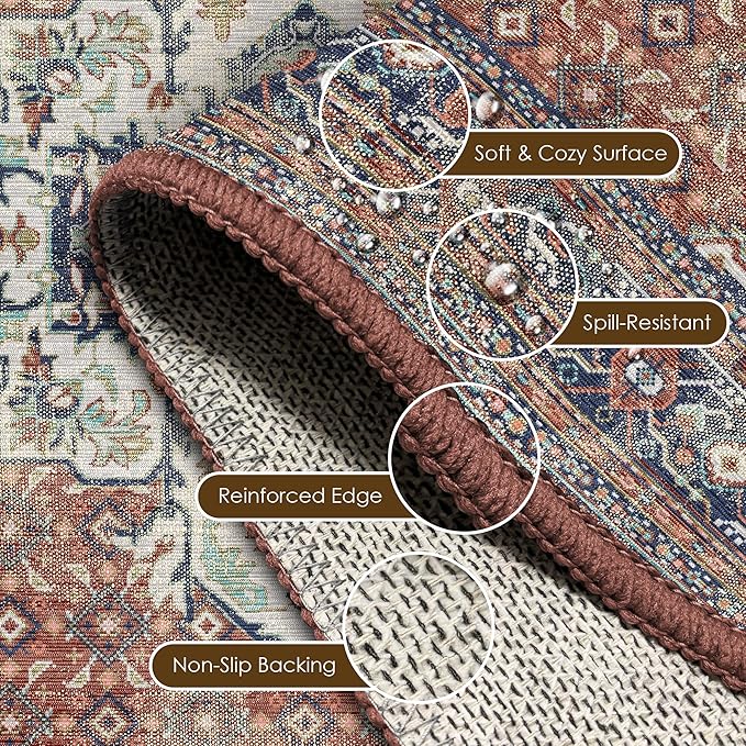 Washable Area Rug 9' x 12' Vintage Traditional Persian Mat - Foldable Distressed Non-Slip Machine Washable Carpet for Living Room Bedroom Kitchen Home Decor - Terracotta and Navy