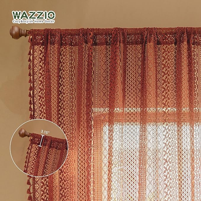 WAZZIO Boho Lace Curtains 80 Inches 2 Panel,Light Filtering Privacy Tassel & Geometry Crochet Semi Sheer Curtain Drapes for Bedroom Living Dining Room,Rod Pocket & Tassel,Full Decor,Burnt Orange