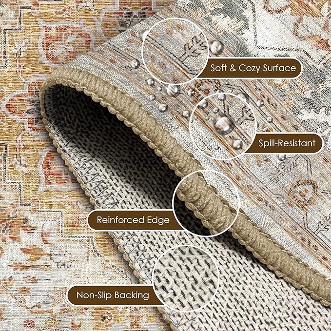 Washable Area Rug 4' x 6' Vintage Traditional Persian Mat - Foldable Distressed Non-Slip Machine Washable Carpet for Living Room Bedroom Kitchen Home Decor - Dove Gray and Coral