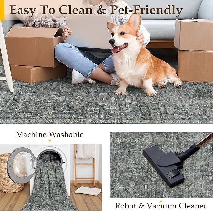 8x10 Washable Area Rug for Living Room Bedroom Vintage Black Grey Non Slip Carpet Traditional Retro Soft Low Pile Large Throw Rug for Dining Room Kitchen Office Indoor