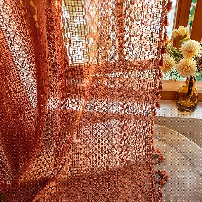 WAZZIO Boho Lace Curtains 72 Inches 2 Panel,Light Filtering Privacy Tassel & Geometry Crochet Semi Sheer Curtain Drapes for Bedroom Living Dining Room,Rod Pocket & Tassel,Full Decor,Burnt Orange