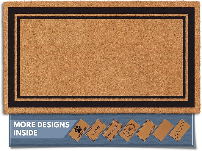 Barnyard Designs Natural Coco Coir Heavy Duty Backing Doormat - Large Cute Non-Slip Front Door Welcome Mat for Outside Entrance or Porch Entry, Brown (17x30, Border)