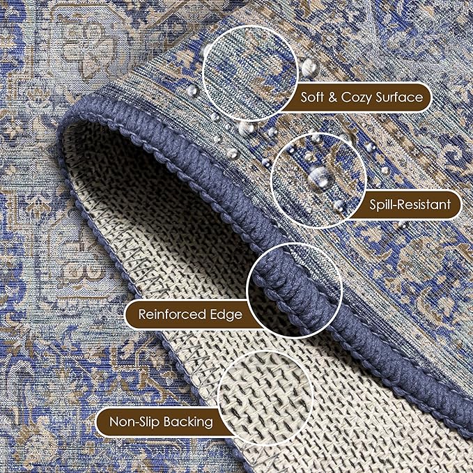 Washable Area Rug 4' x 6' Vintage Traditional Persian Mat - Foldable Distressed Non-Slip Machine Washable Carpet for Living Room Bedroom Kitchen Home Decor - Indigo and Gold