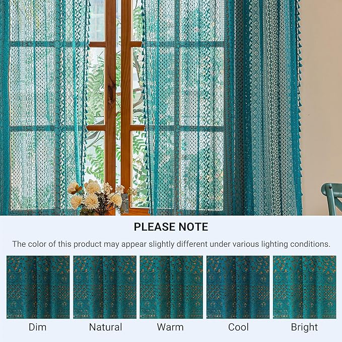 WAZZIO Boho Lace Curtains 63 Inches 2 Panel,Light Filtering Privacy Tassel & Geometry Crochet Semi Sheer Curtain Drapes for Bedroom Living Dining Room,Rod Pocket & Tassel,Coastal Style,Teal