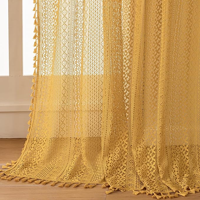 WAZZIO Boho Lace Curtains 84 Inches 2 Panel,Light Filtering Privacy Tassel & Geometry Crochet Semi Sheer Curtain Drapes for Bedroom Living Dining Room,Rod Pocket & Tassel,Mustard Yellow