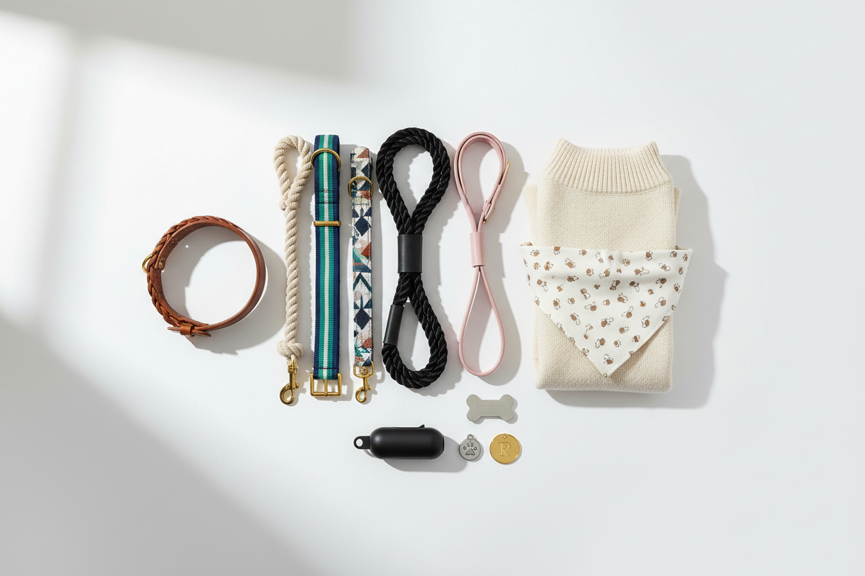 Collars, leashes, apparel, and more to make daily life easier and stylish. (make it real photo)