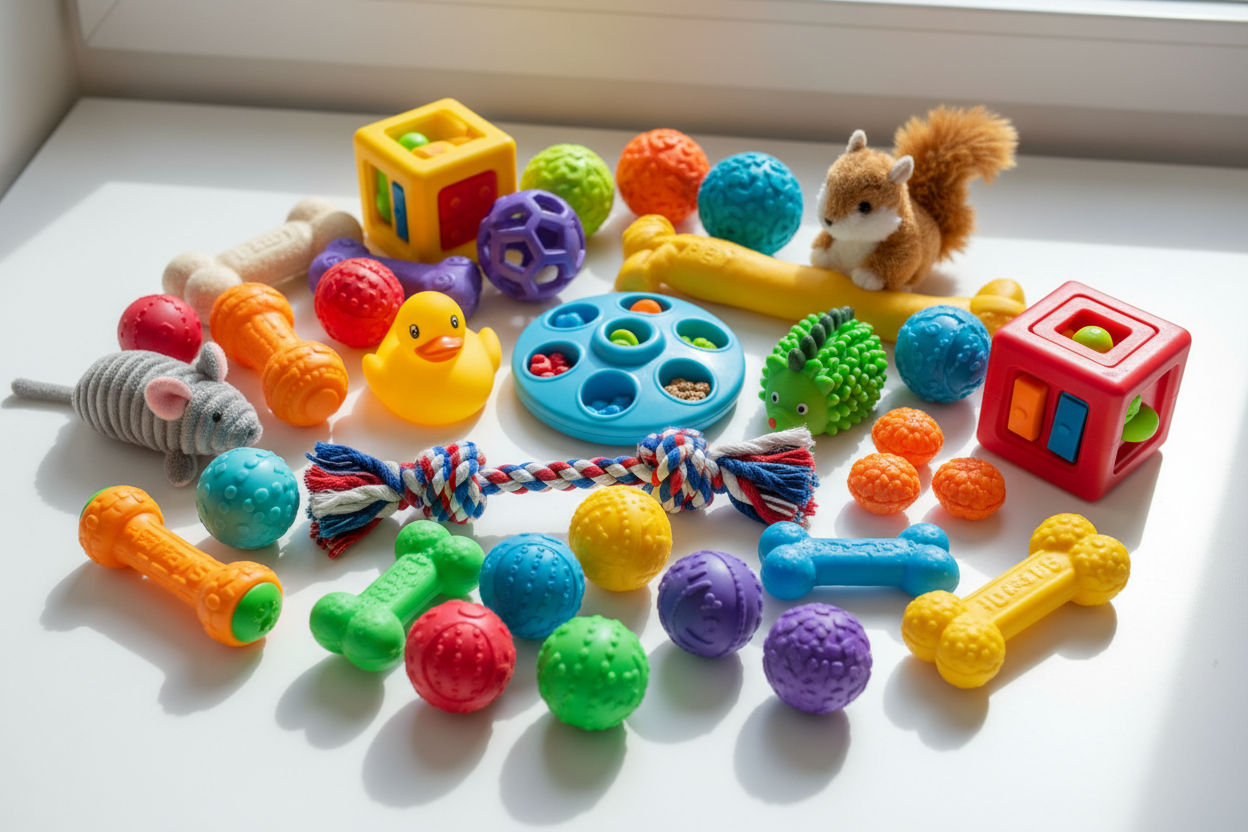 Fun, safe, and stimulating toys to keep pets active and happy. (make it real photo)