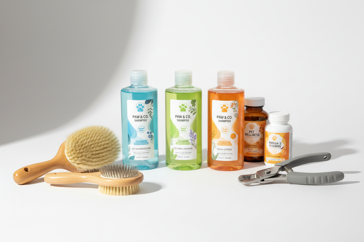 Shampoos, brushes, nail clippers, and wellness products. (make it real photo)